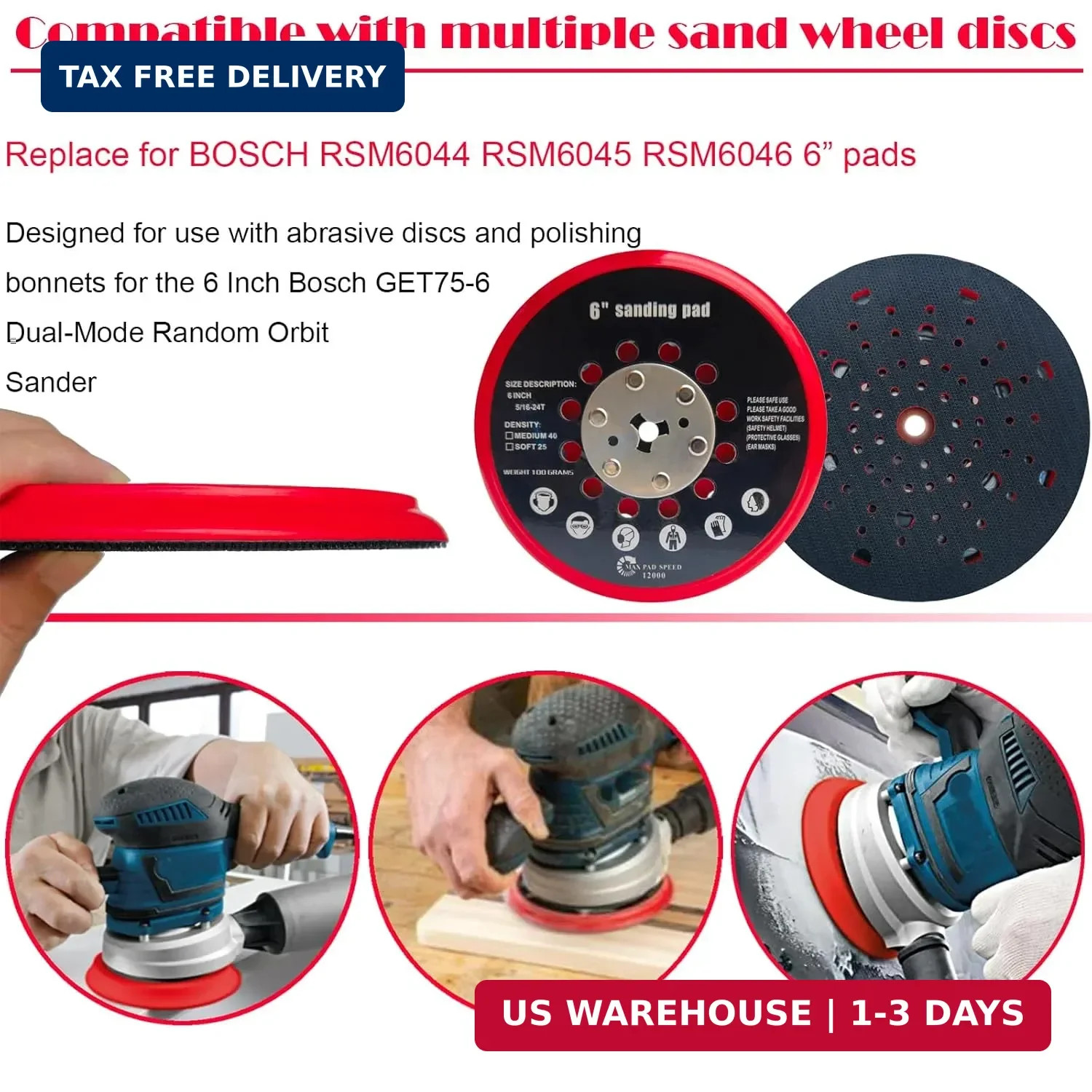 6 Inch Replacement Sander Pad for Bosch GET75-6N Sander - 6" Hook and Loop Sandi