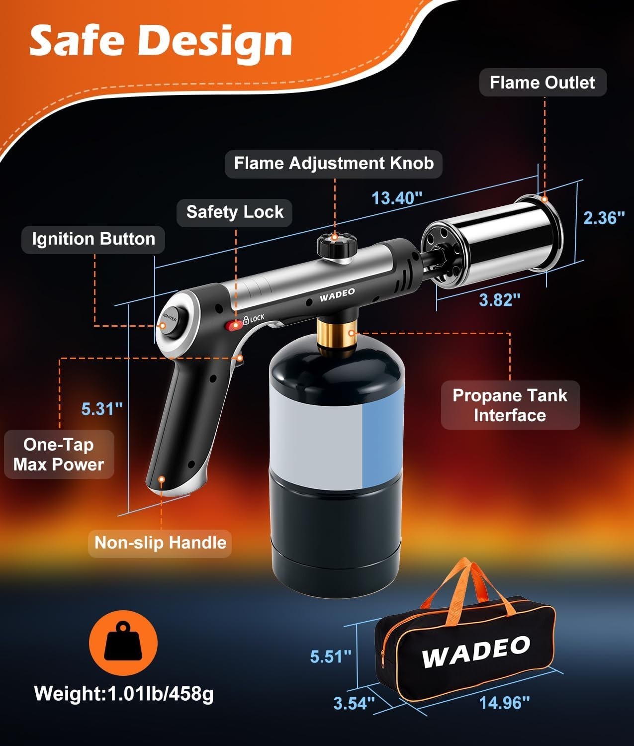 Powerful Propane Torch Gun with One-Touch Max Fire, Adjustable Flame Thrower Tor