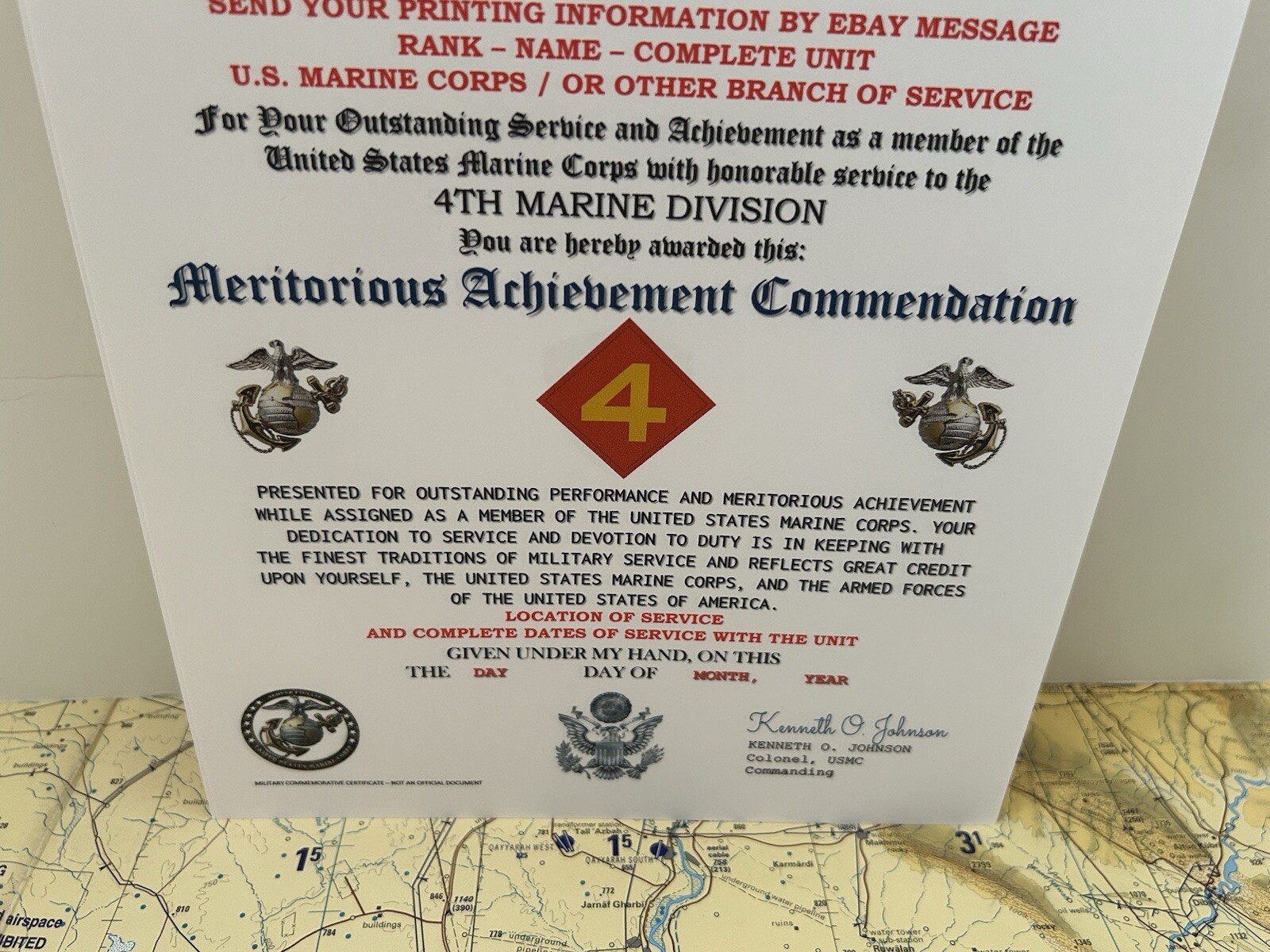 U.S. MARINE CORPS / 4TH MARINE DIVISION - MERITORIOUS ACHIEVEMENT COMMENDATION