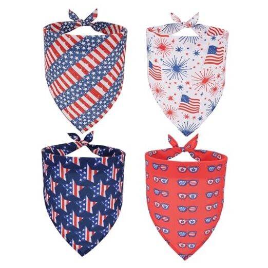 4 Pack Dog Bandanas, Red Blue USA Flag Star Pet Scarf X-Large American Flag