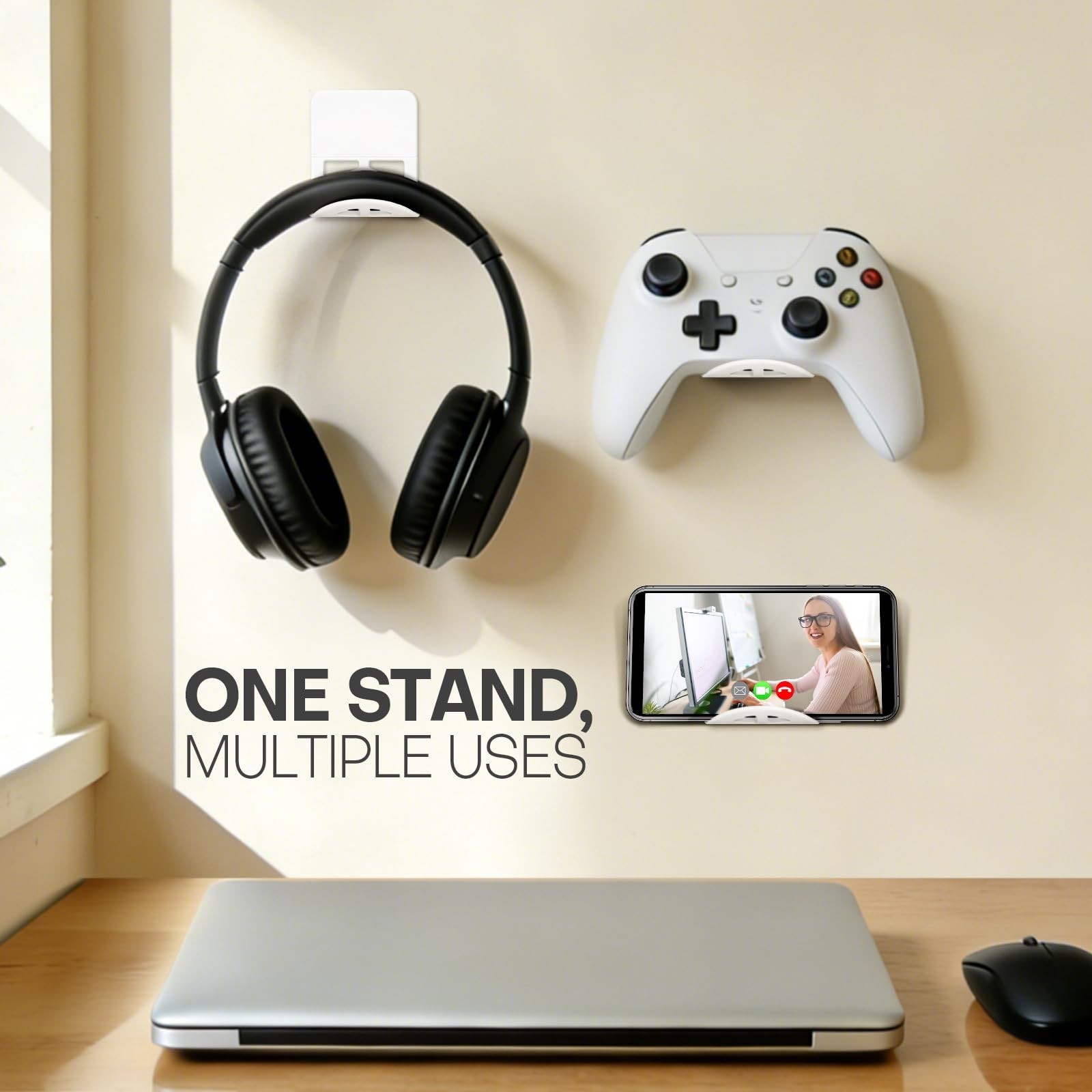 Wall Mount Headphone Stand, 2-in-1 Bendable Silicone Controller Holder, Adhes...