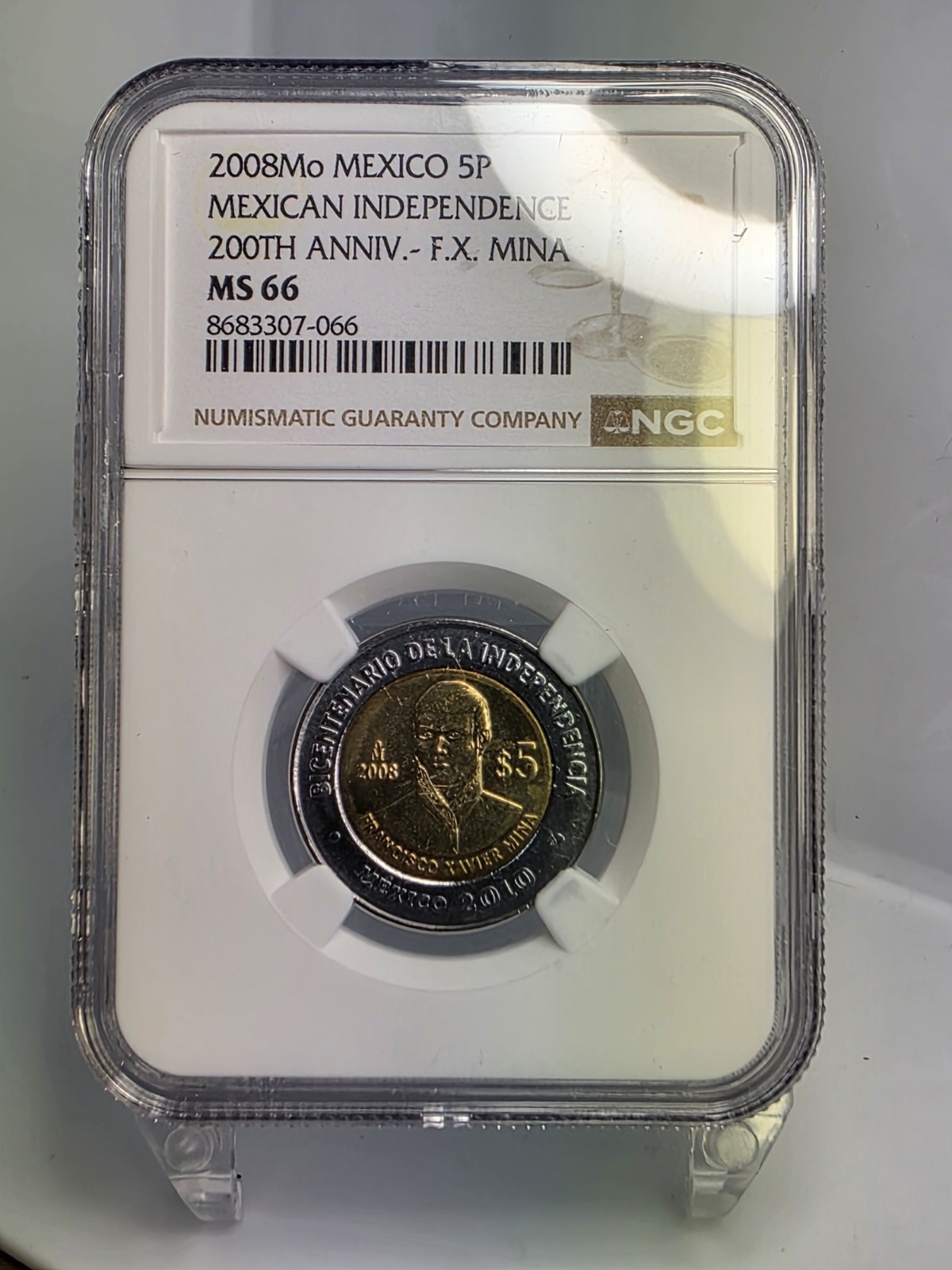 2008 Mexico 5 Pesos Mexican Revolution 100th Anniversary F X MINA NGC MS66
