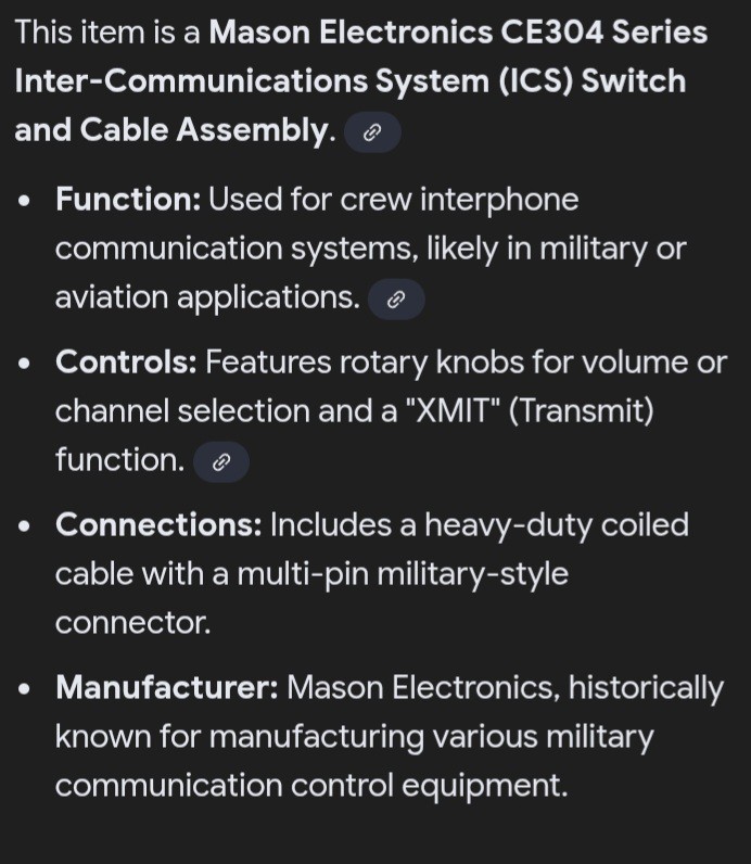 Intercom Switch & Cable Assy Mason CE394BX Black Helicopter Style Pilot & Crew