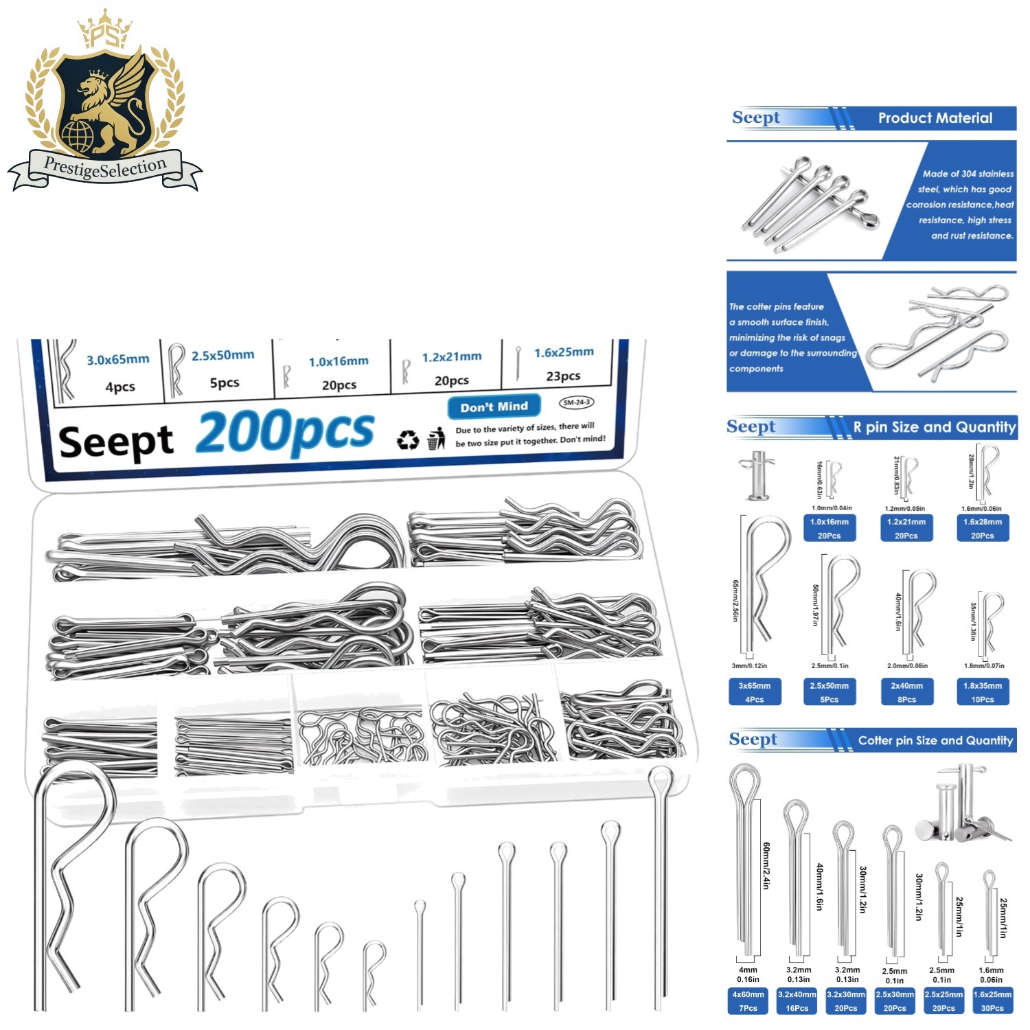 200-Pcs Stainless Steel Cotter Pin Assortment Kit - 13 Sizes for Versatile Use