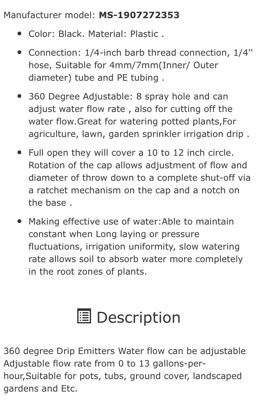 100! Adjustable Flow Micro Irrigation Dripper Bubbler Sprinkler 1/4 Emitter Drip