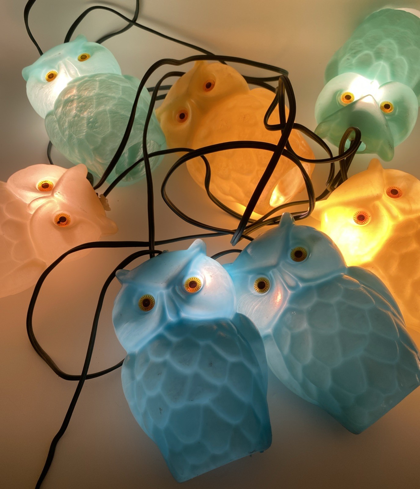 Vintage 1970’s Owl Lites String Lights With Jeweled Eyes Set Of 7