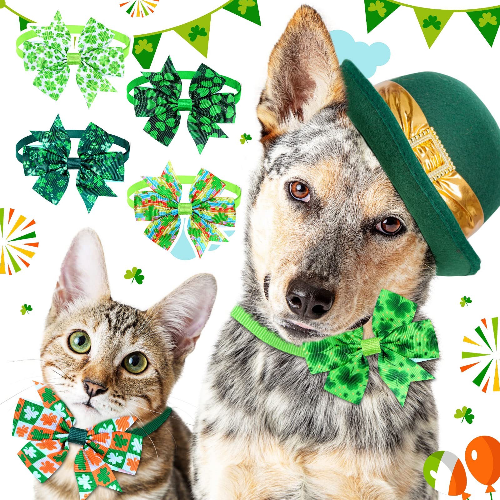 40 Pcs St. Patrick's Day Dog Bows Ties Bulk, Adjustable Irish Shamrocks Basics C