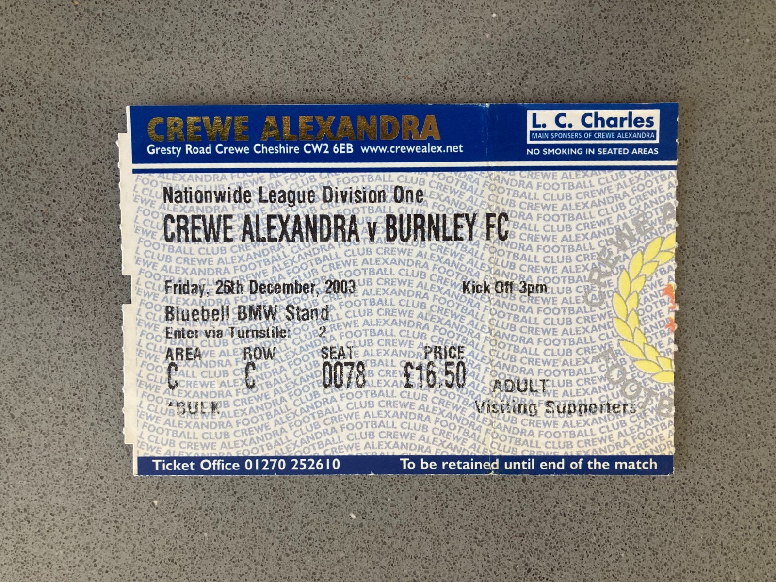 Crewe Alexandra v Burnley 2003-04 Match Ticket