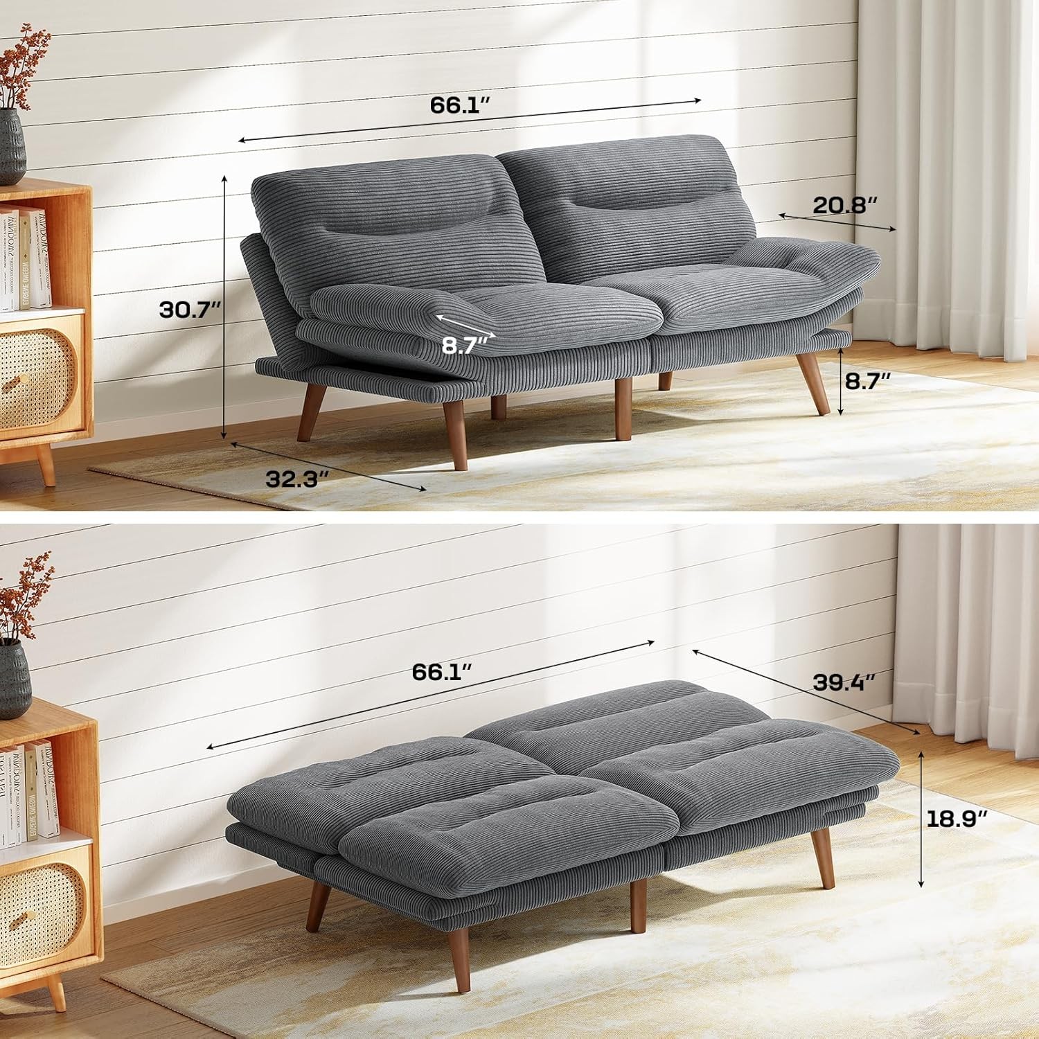 66.1" Futon Sofa Bed Corduroy Convertible Futon Couch W/ Adjustable Backrest &