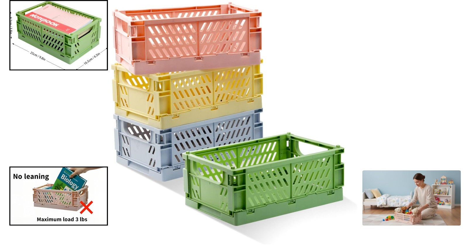 Space-Saving 4 Pack Plastic Folding Crates - Versatile Storage Baskets in Pastel