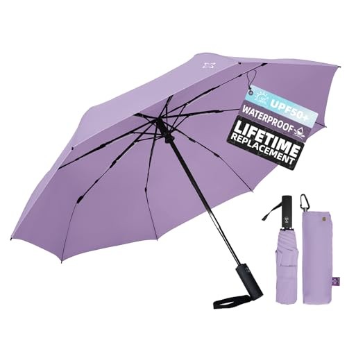 UV Travel Umbrella for Sun Protection & Rain, Compact Windproof Folding, Purple