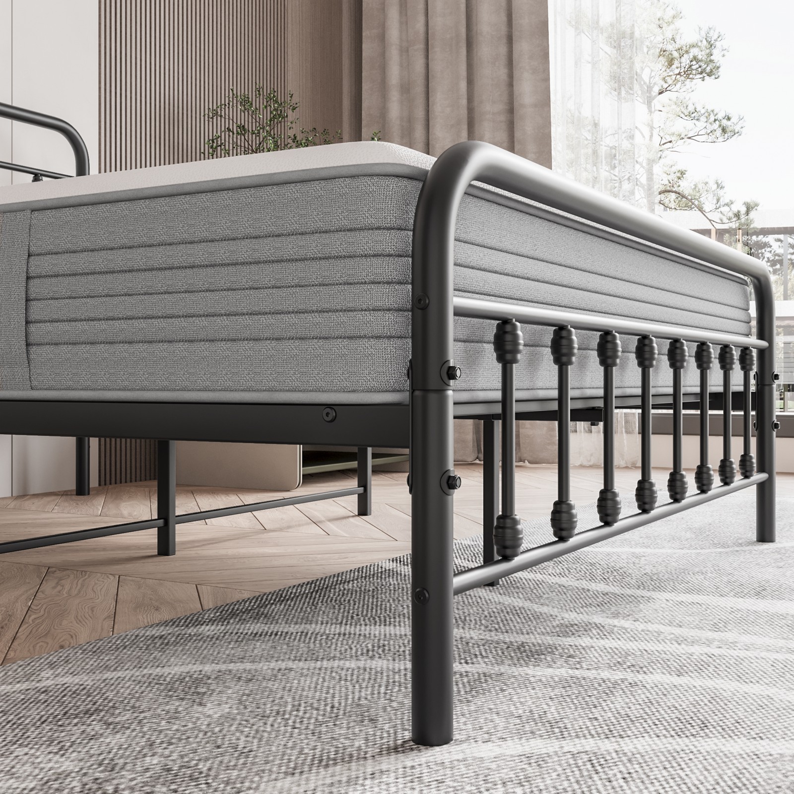 Full Size Metal Platform Bed Frame with Petal Accented Headboard