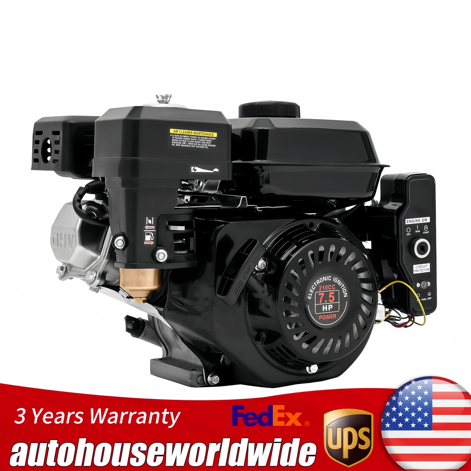 4-Stroke Gasoline Engine Motor 7.5 HP Electric Start Air Cooled Gas Engine Black