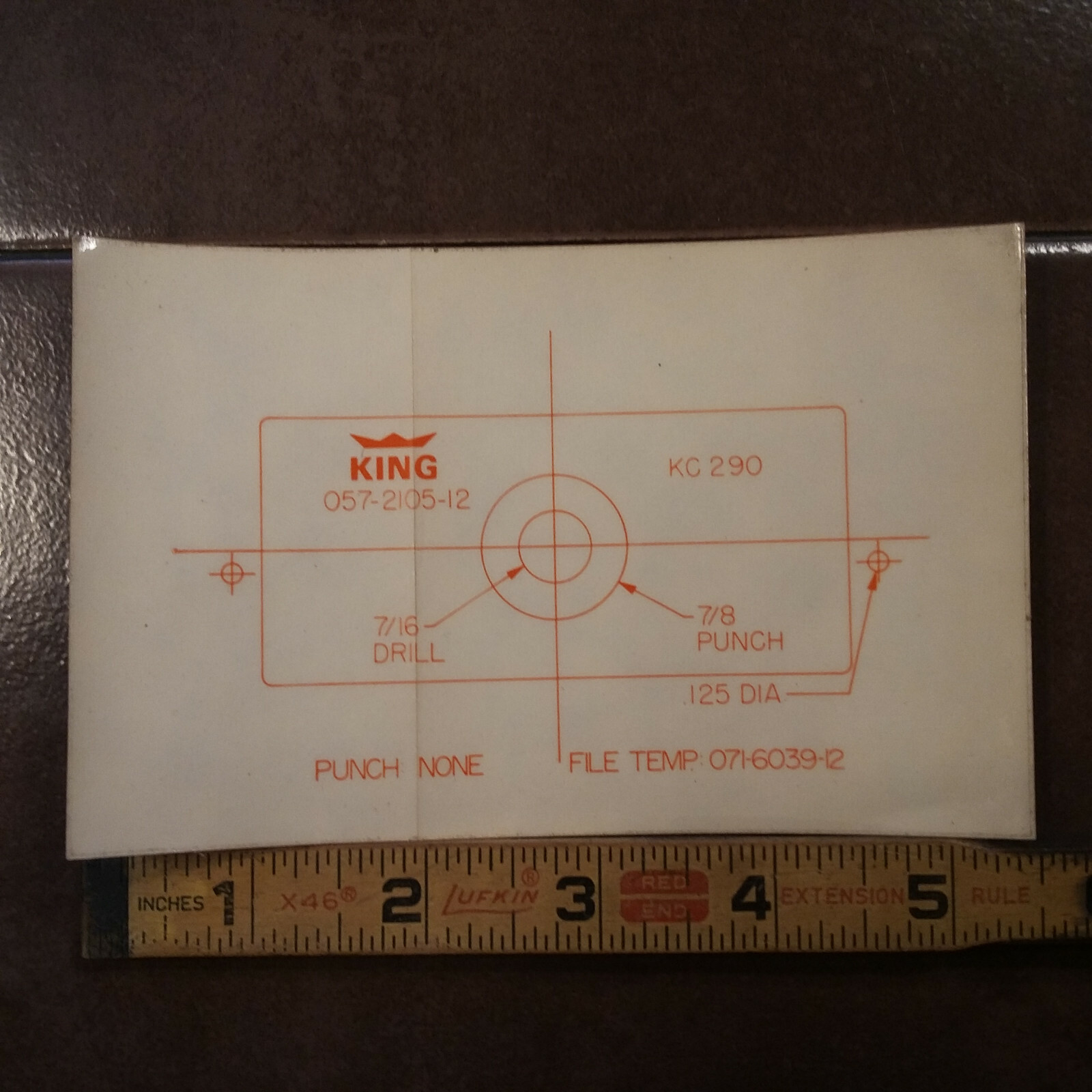 King KC-290 Panel Hole Cut-out Template. 057-2105-12