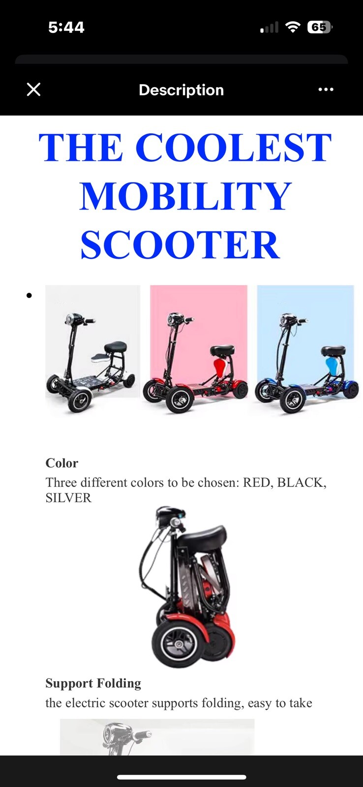 Lightweight Foldable Mobility Scooter Automated Electric Power Scooter (Black)