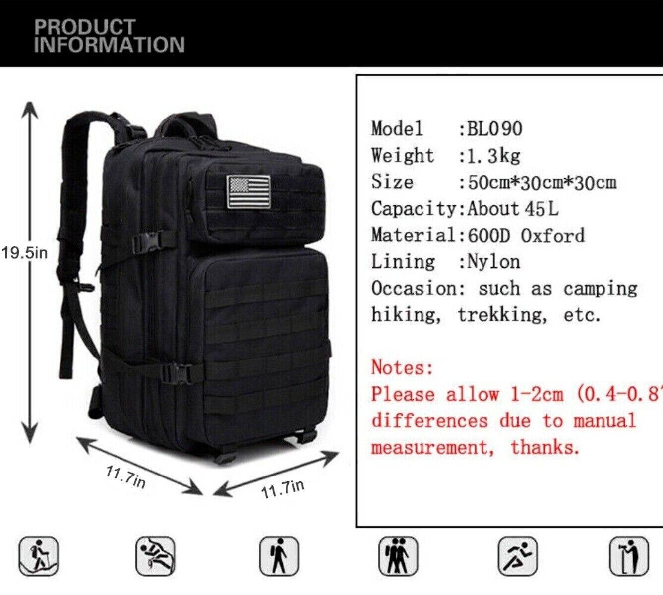 Tactical Molle Army Assault Pack Multifunctional Backpacks Large-capacity 45L US
