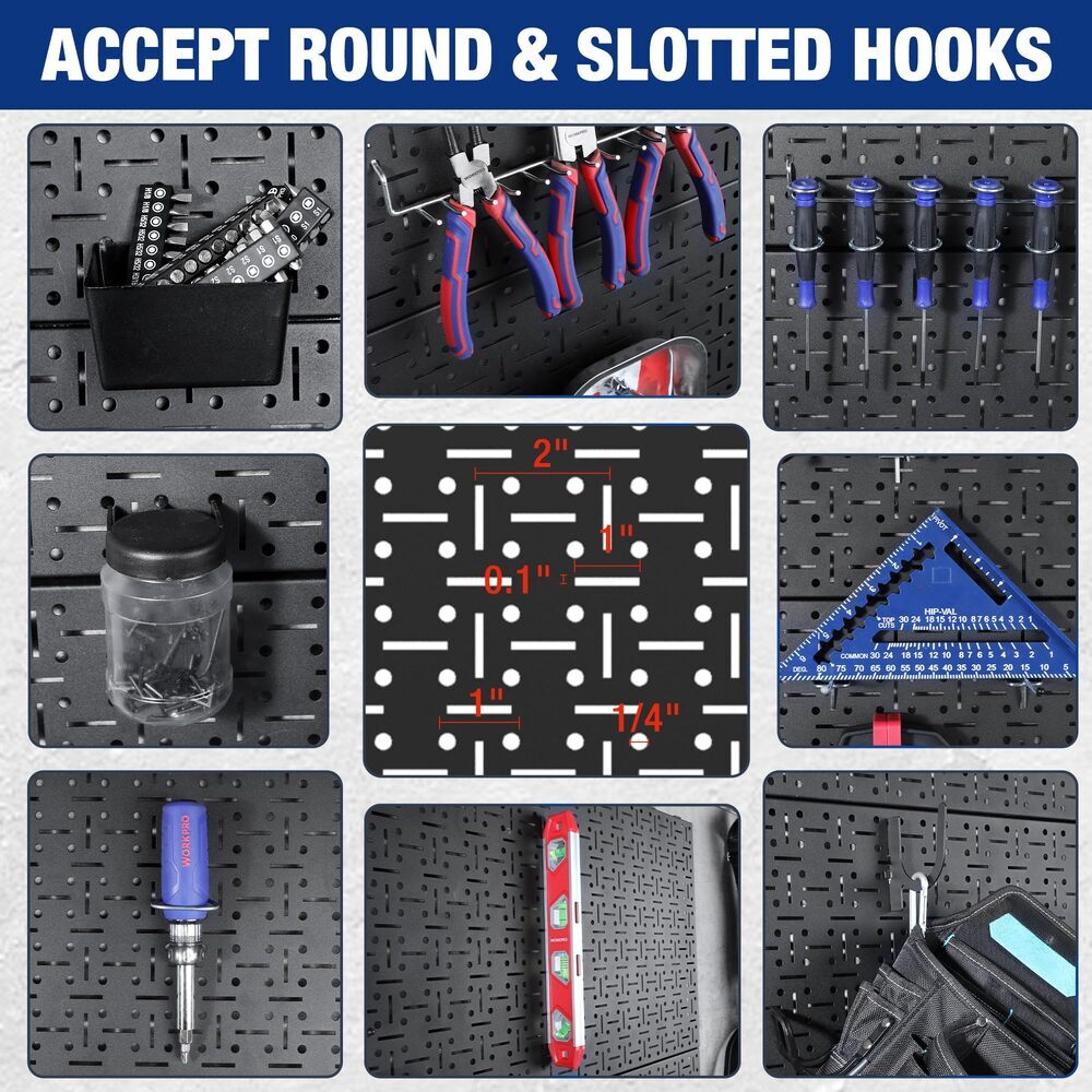 WORKPRO 16”x 16” Metal Peg Board, Foldable Black Pegboard 3 Pack with Round Hole