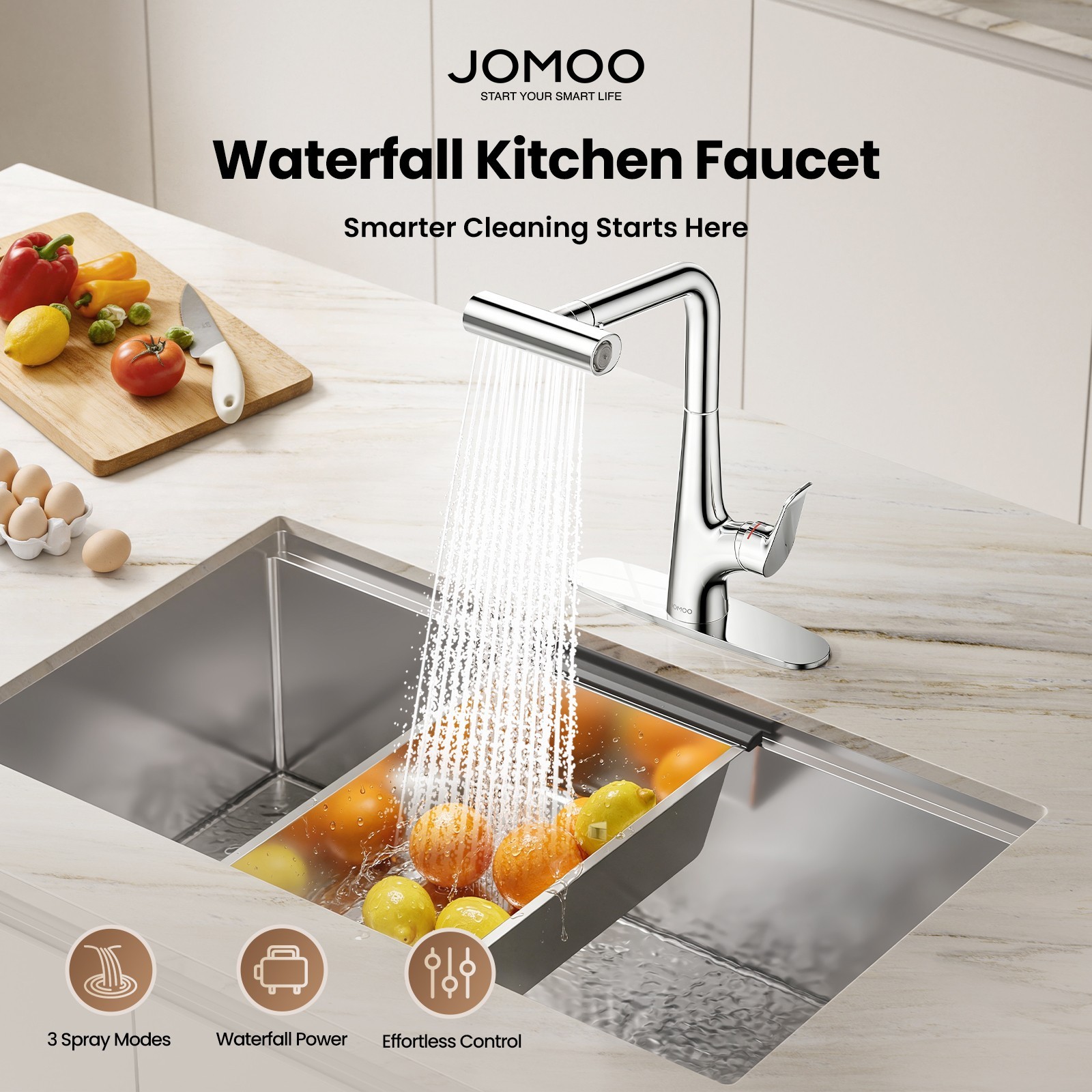 Waterfall Kitchen Faucet Pull Down Sprayer 3 Function Chrome Sink Faucet