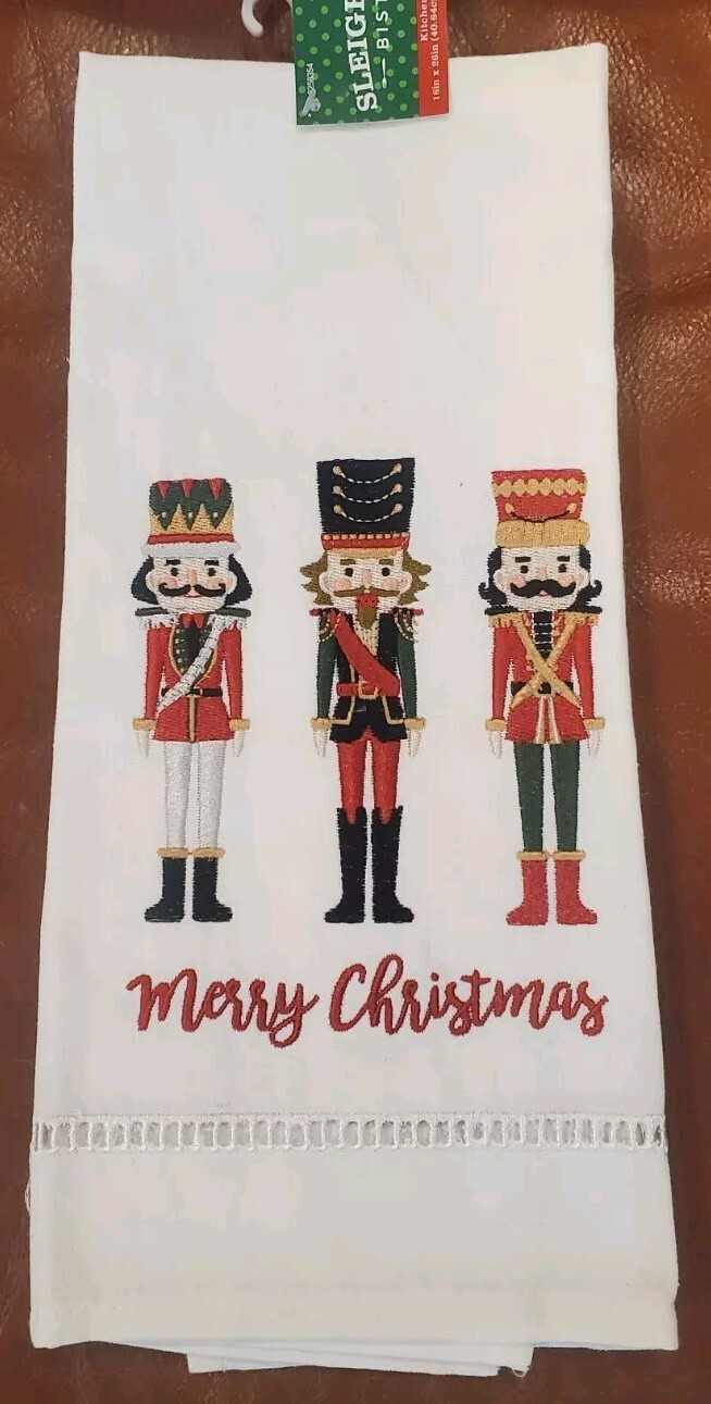 Sleigh Bell Bistro 16 Inch X 26 Inch Embroidered Nutcracker Kitchen Towel NWT