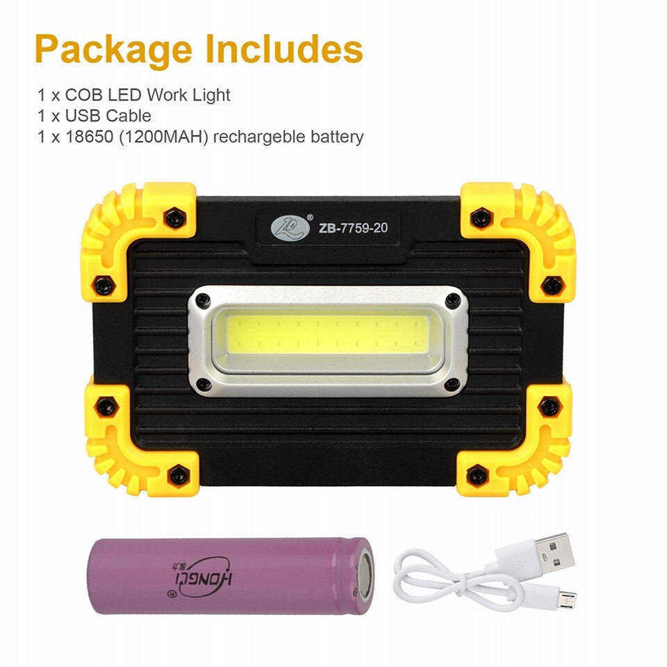 LED COB Work Light USB Rechargeable Spotlight Floodlight Camping Emergency Torch
