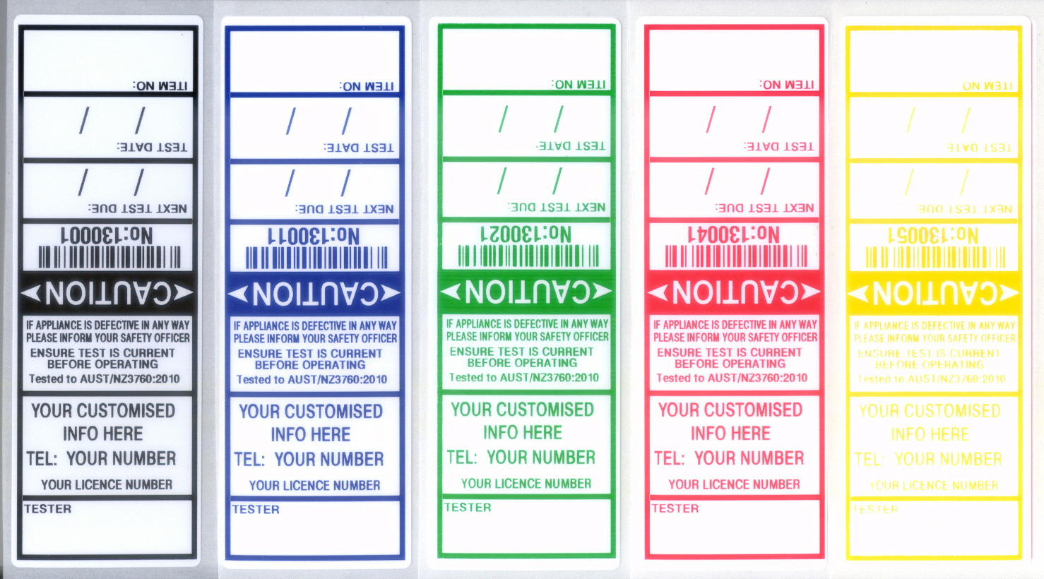 1000 ELECTRICAL TEST TAGS / LABELS. MIXED COLOUR PACK, INCLUDES FREE CUSTOMISING