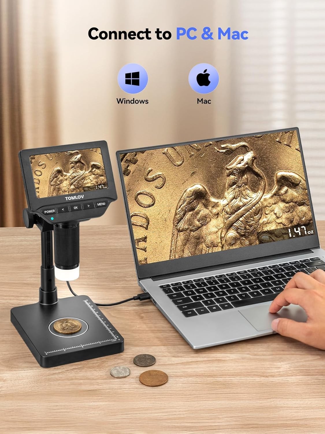 TOMLOV 200X Digital Microscope with Screen Error Coin Collector Scale Microscope