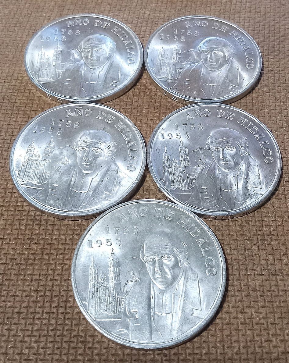 5- 1953 LARGE VINTAGE CHOICE BU MEXICO .720 SILVER 5 PESOS HIDALGO 200 ANO COMM.
