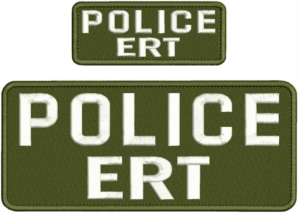 POLICE ERT EMBROIDERY PATCHES 4X10 AND 2X5 HOOK ON BACK WHITE ON OD GREEN