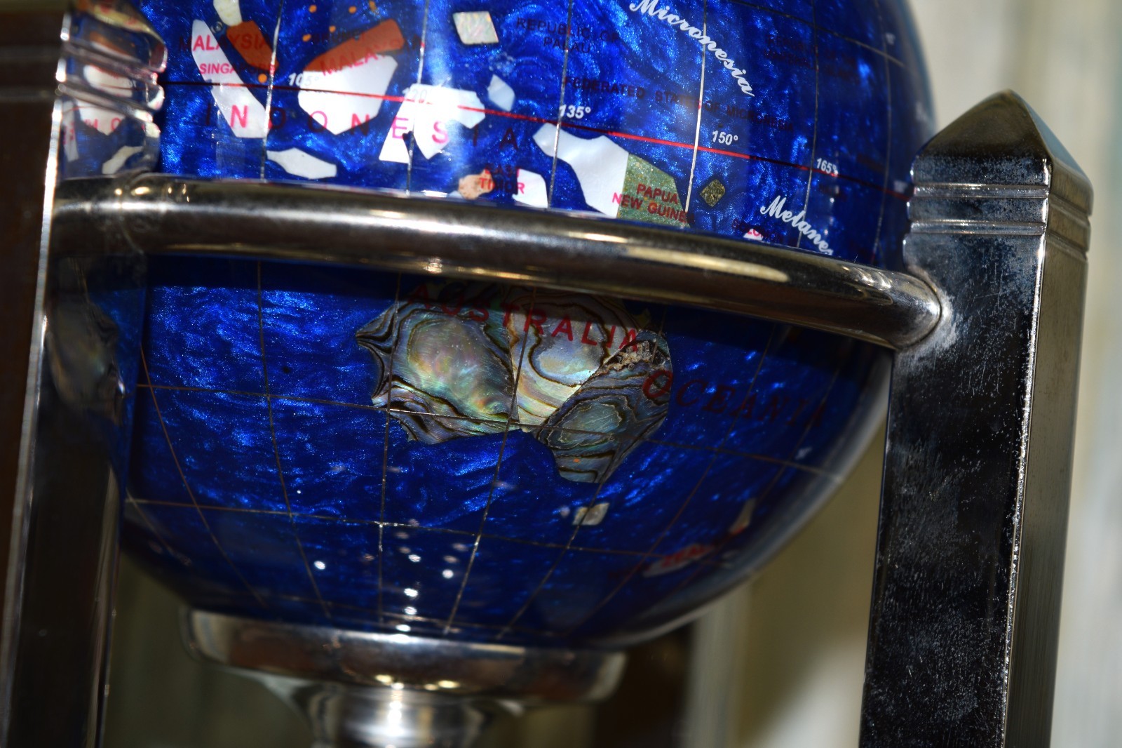 Caribbean Blue Gemstone Rotating Musical Globe With Clock & Thermometer