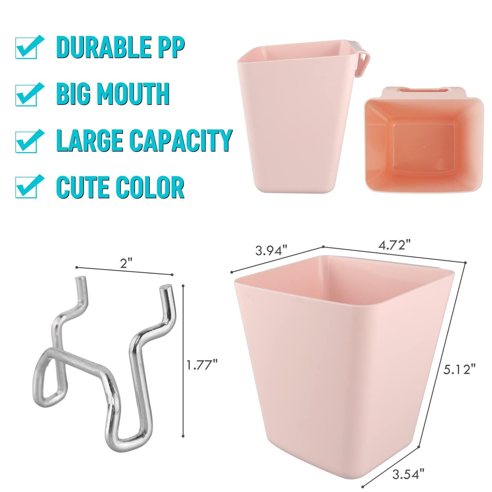 G.CORE Large Pegboard Cups Peg Board Storage Bin 6 Pack with Hooks, Square Bo...