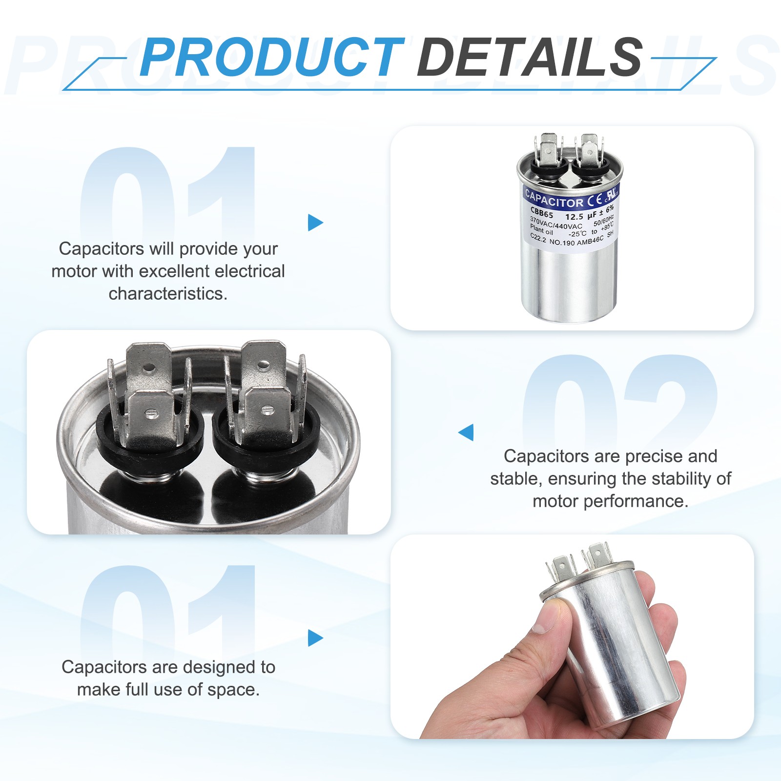 12.5MFD CBB65 Run Start Capacitor 12.5uF, 370/440V Round AC Capacitor
