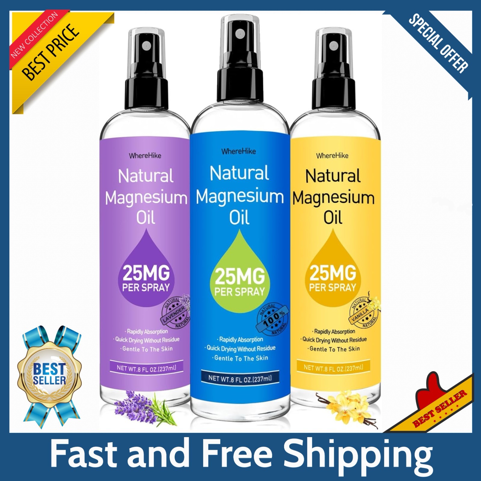 Magnesium Oil Spray – For Feet, Sleep & Muscle Relief, Vanilla/Lavender/Natural.