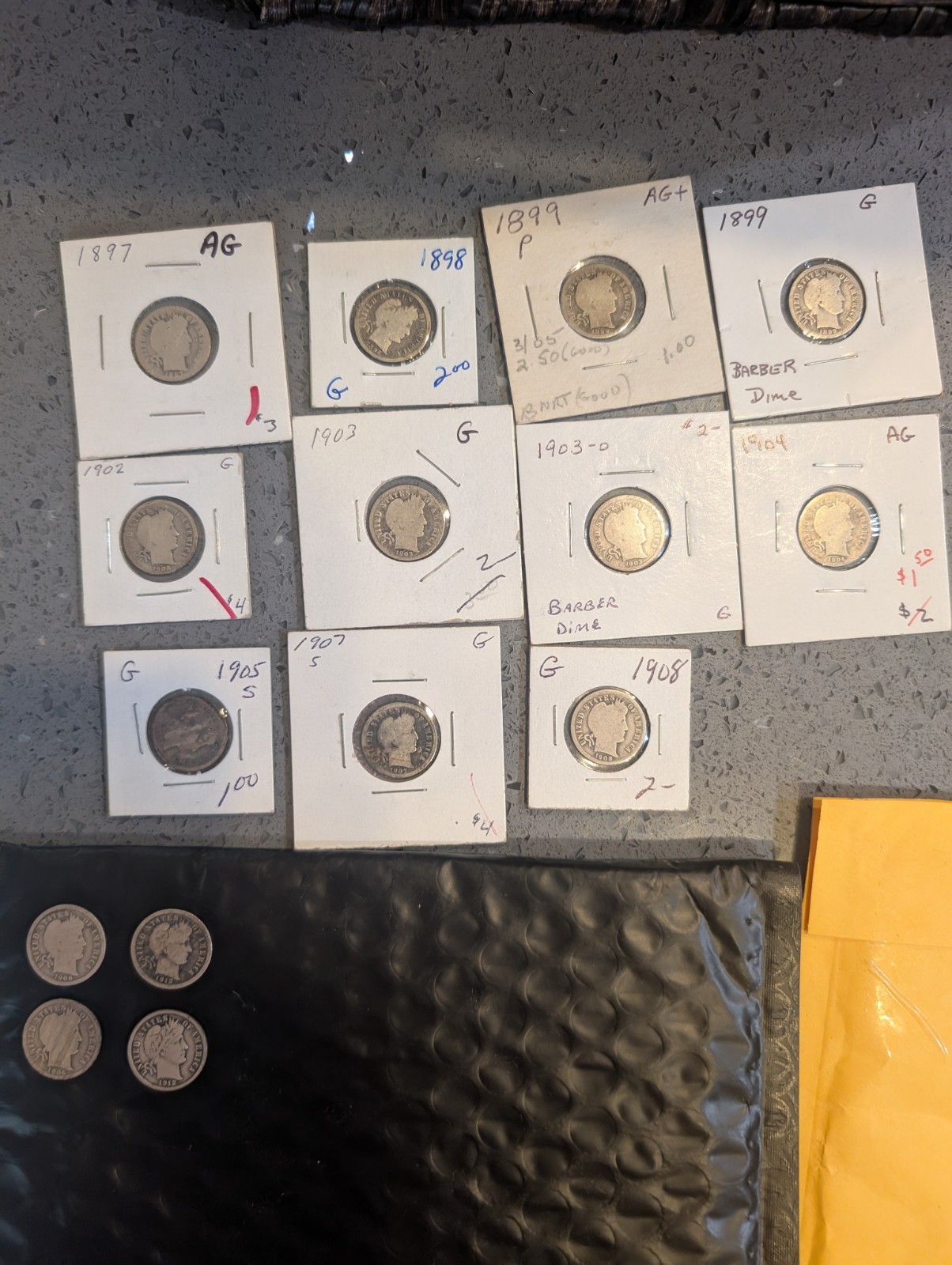 Barber Dime LOT 15 10c Varied Date&Mints Lot  1897-1912