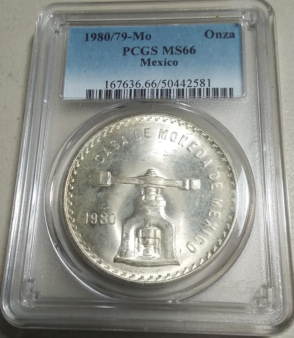 :1980-Mo 80/79 1-ONCE MEXICO SILVER BULLION NGC NEAR SUPERB MS66 RARITY R-4