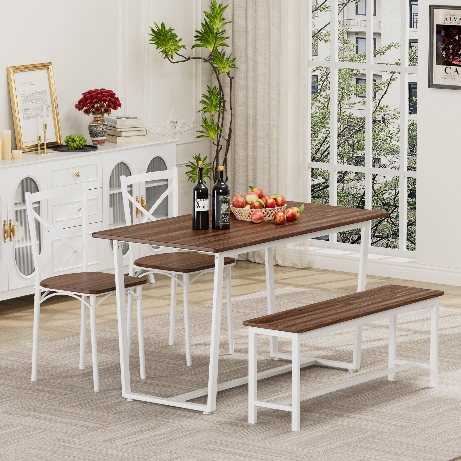 Modern 4-Piece Metal Frame Dining Set w/ Wood Kitchen Table & Bench & 2 Chairs