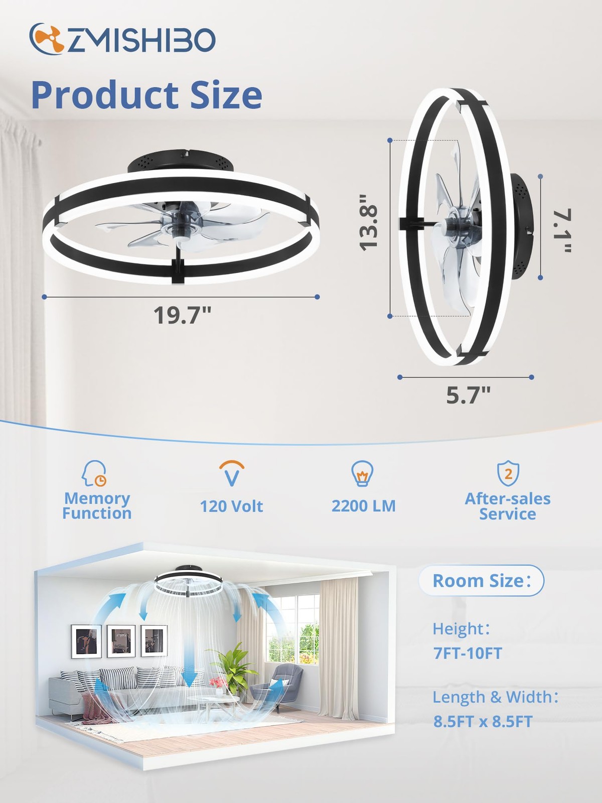3000-6000K Dimmable Modern Flush Mount LED Fan Light 19.7'' Low Profile Ceiling