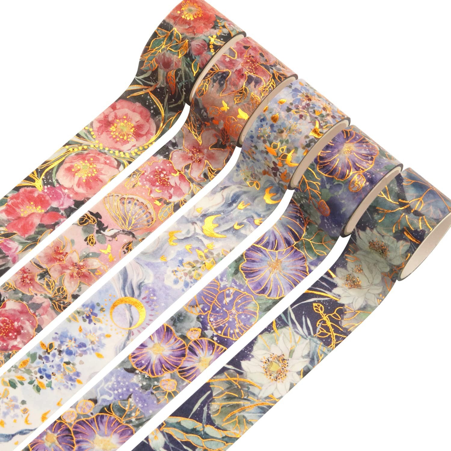 YUBBAEX Blooming Washi Tape Set Gold Foil Masking Tape Peony Wide Decorative ...