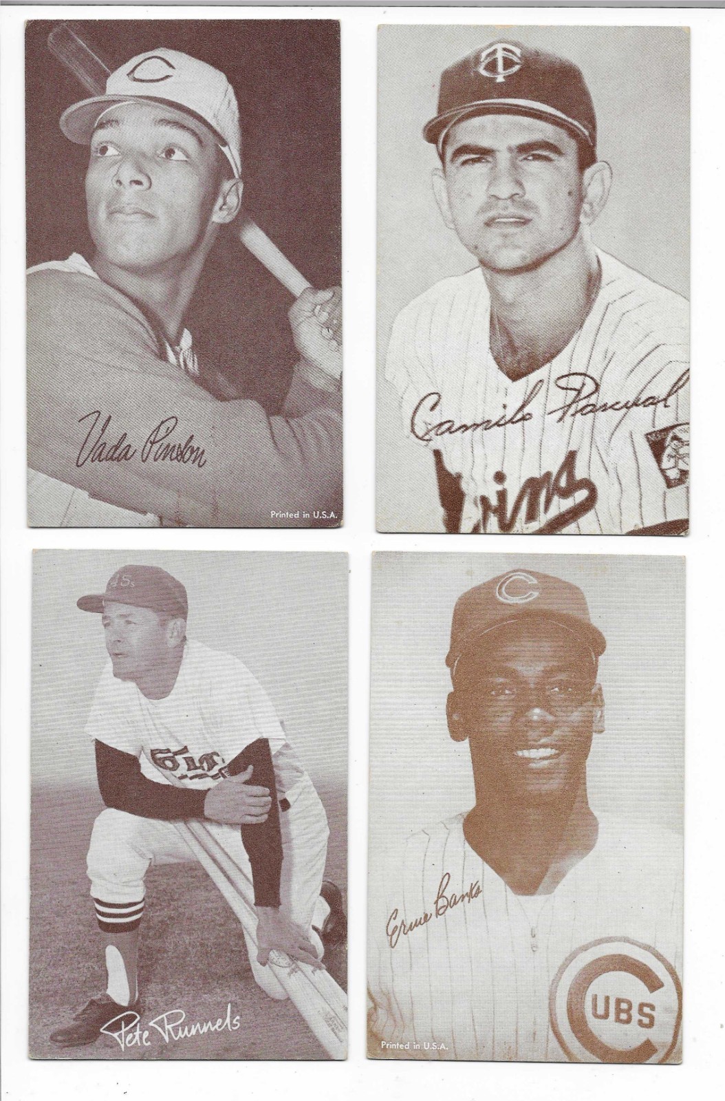 FOUR 1962 & 1963 EXHIBIT STAT BACK ernie banks HOF EX & pascual pinson runnels