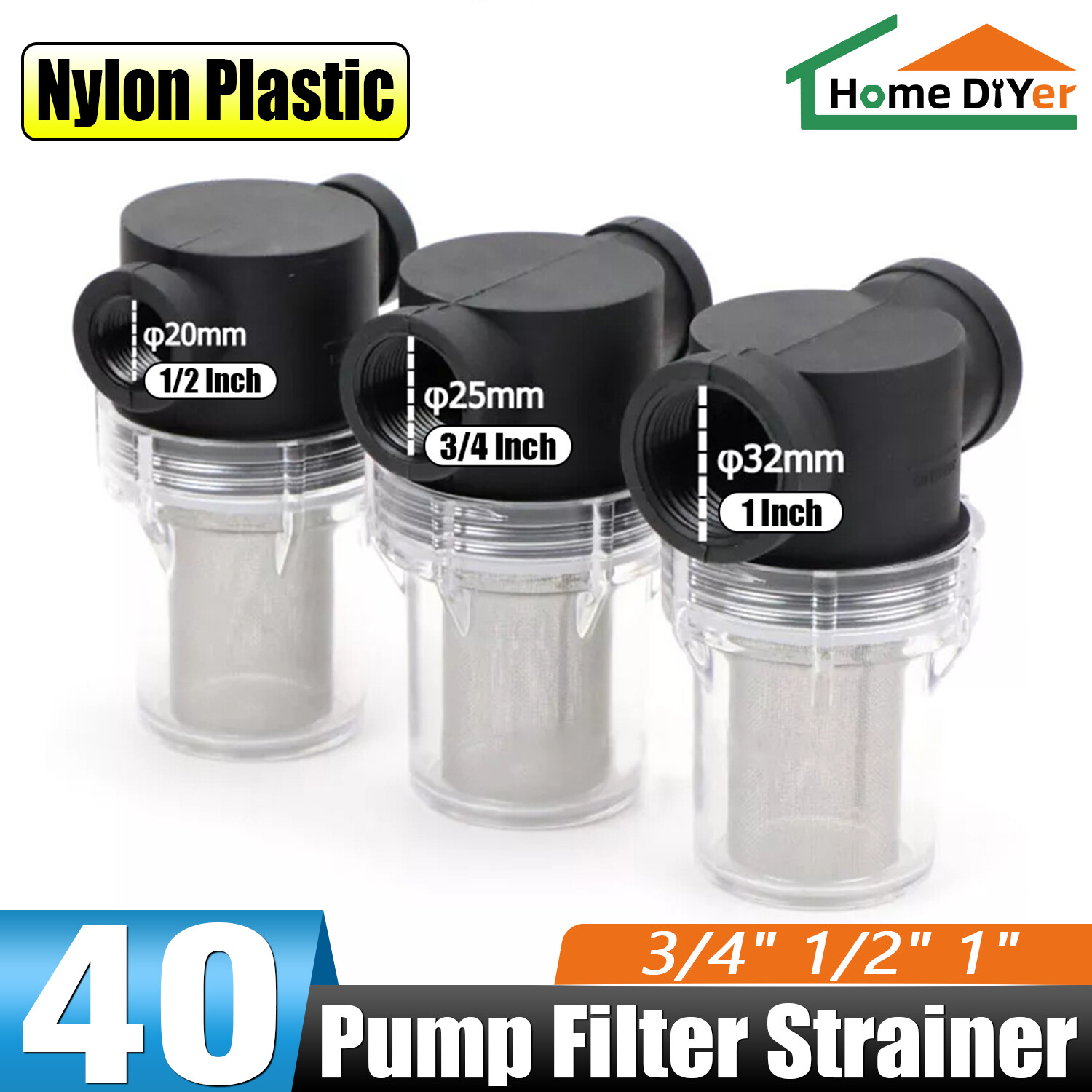 3/4" 1/2" 1" Inline Filter Strainer Water Pump High Flow Pipeline Filter 40 Mesh
