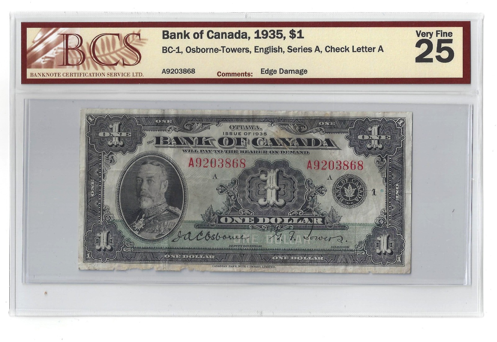1935 Canada $1 Banknote Osborne-Towers  English Text BC-1 BCS VF-25