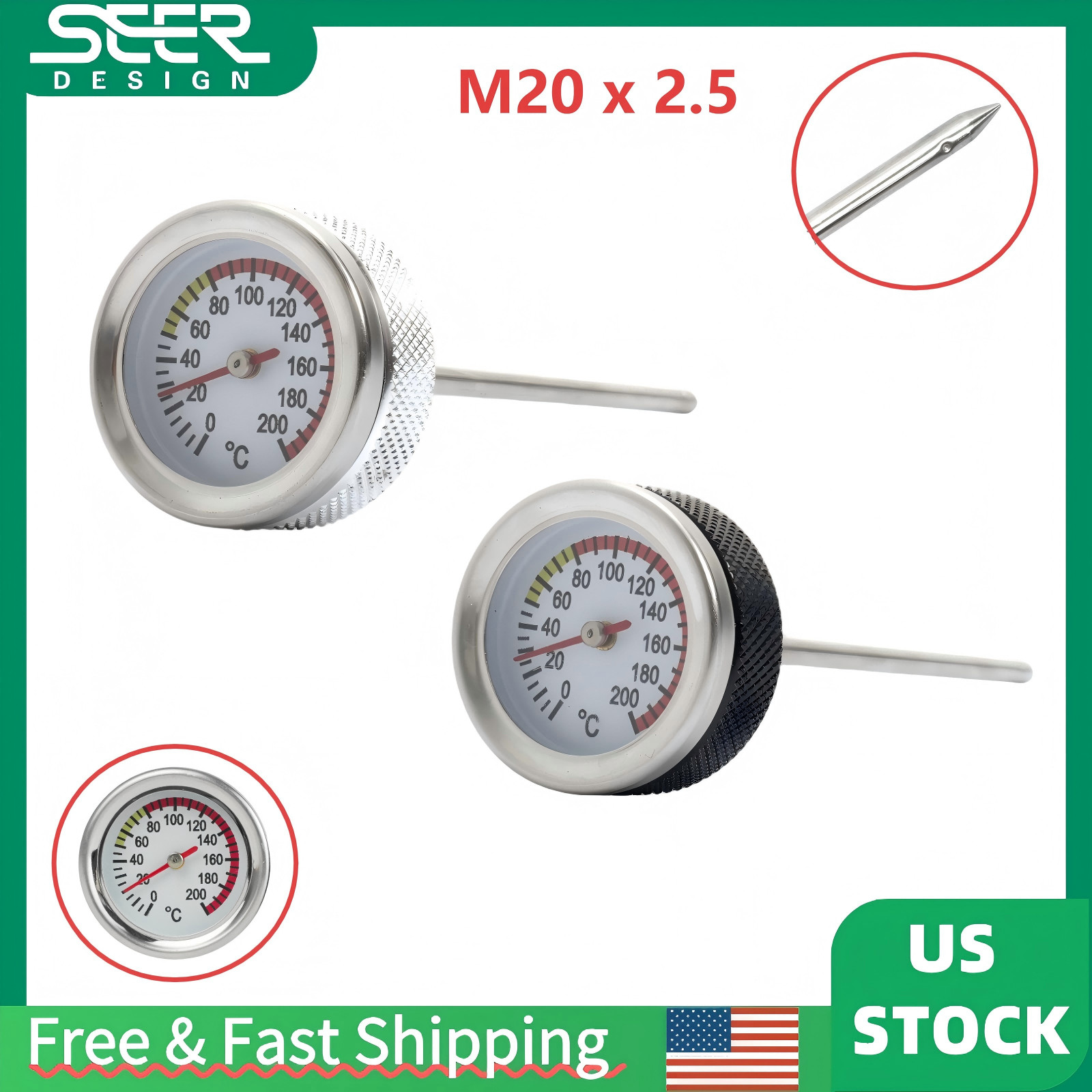 M20 x 2.5 Oil Temp Temperature Gauge Filler Cap For Motorcycle 0-200 Celsius USA