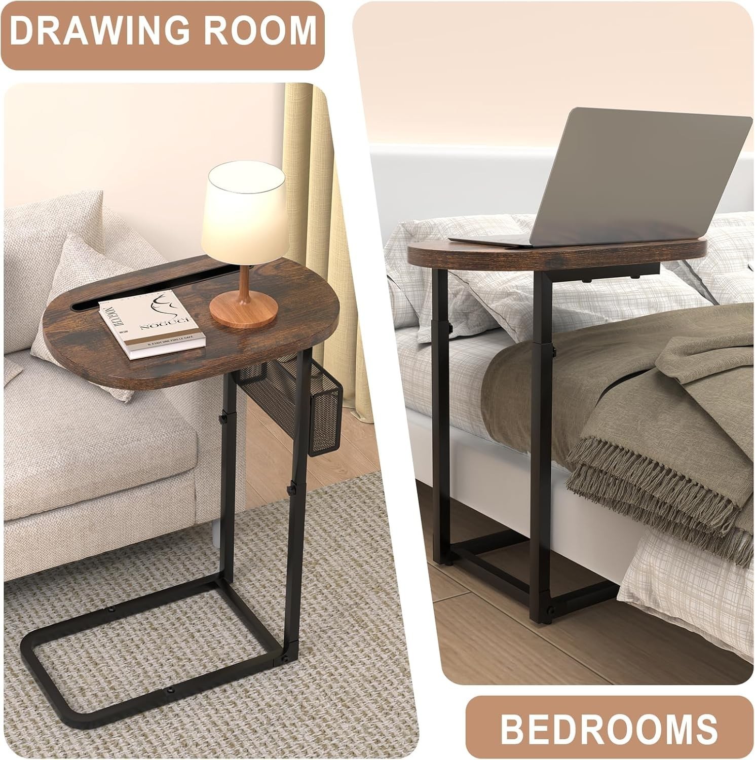 TV Tray Table W/ Large Tabletop Adjustable Sofa Table W/ Storage Baskets
