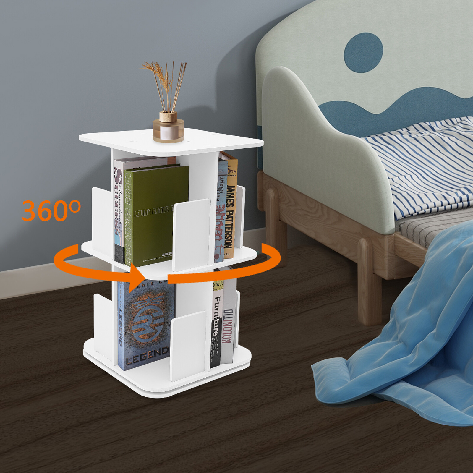 Rotating Bookshelf White 2 Tier Standing Bookcase Small Corner Bookcase US