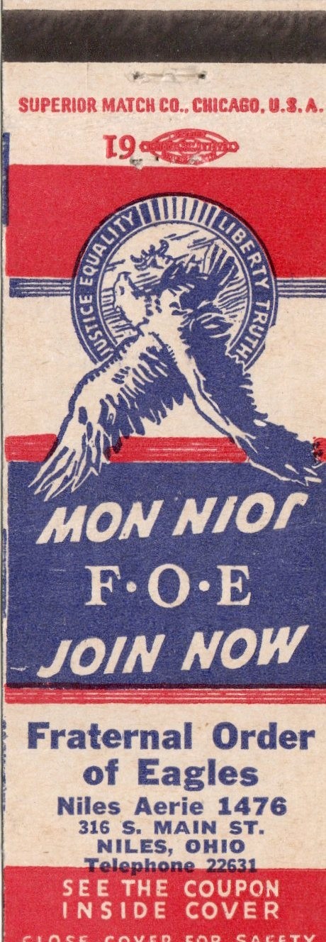 Vintage Matchcover  Fraternal Order Of Eagles Niles Ohio