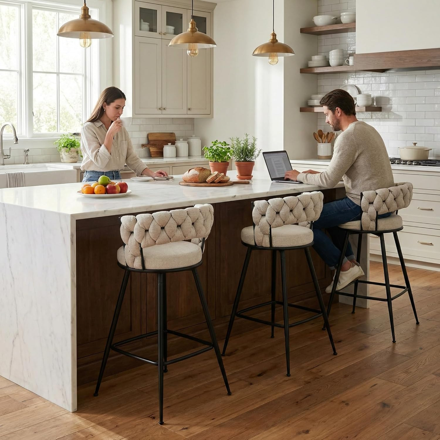 28.7" Swivel Bar Stools Set of 2 with Woven Back & Arm - Beige