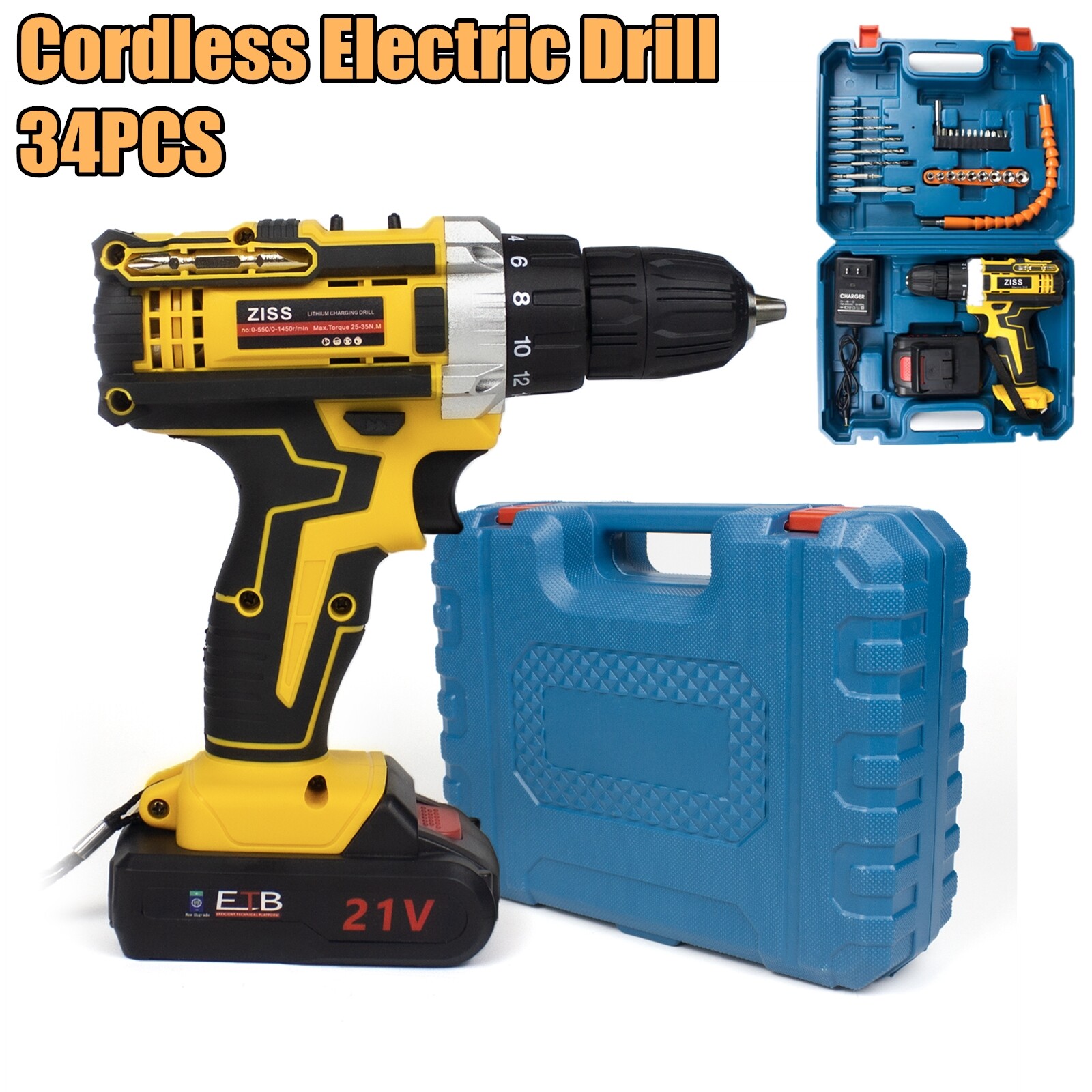 21V 34IN1 Electric Cordless Drill Impact Drill Combo Set with Battery & Charger