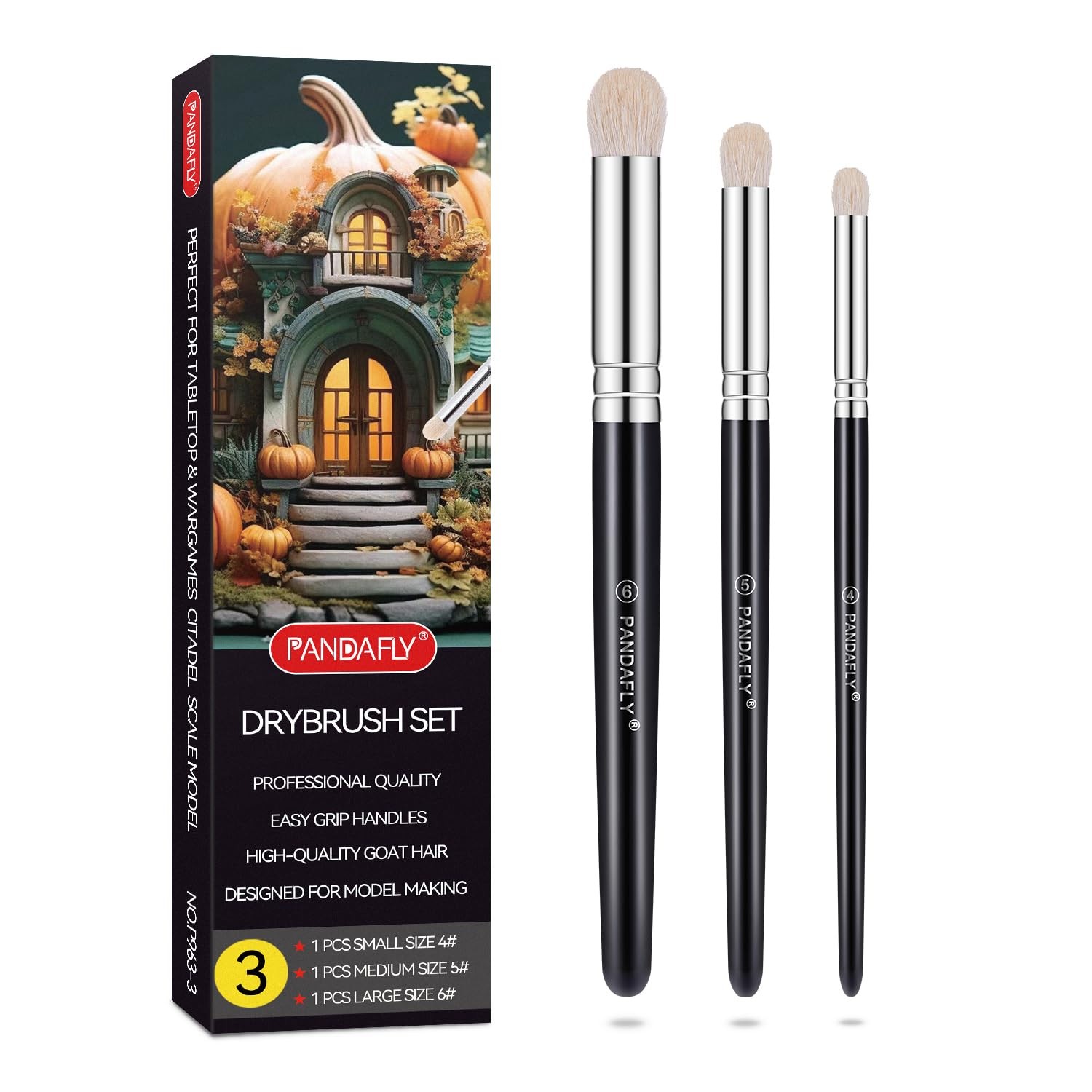 PANDAFLY Drybrush Set, 3 Sizes Hobby Detail Paint Brush 3 Sizes, Black