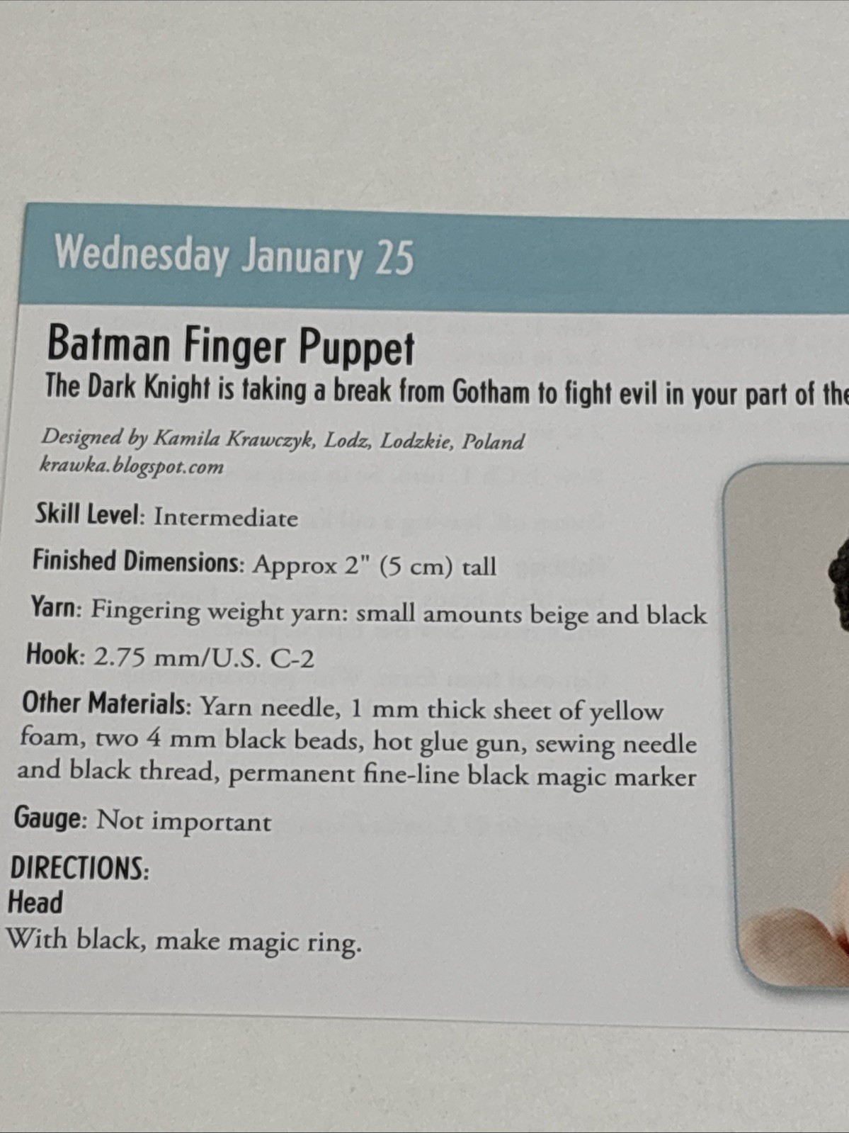 Batman Finger Puppet Crochet Pattern Card Page