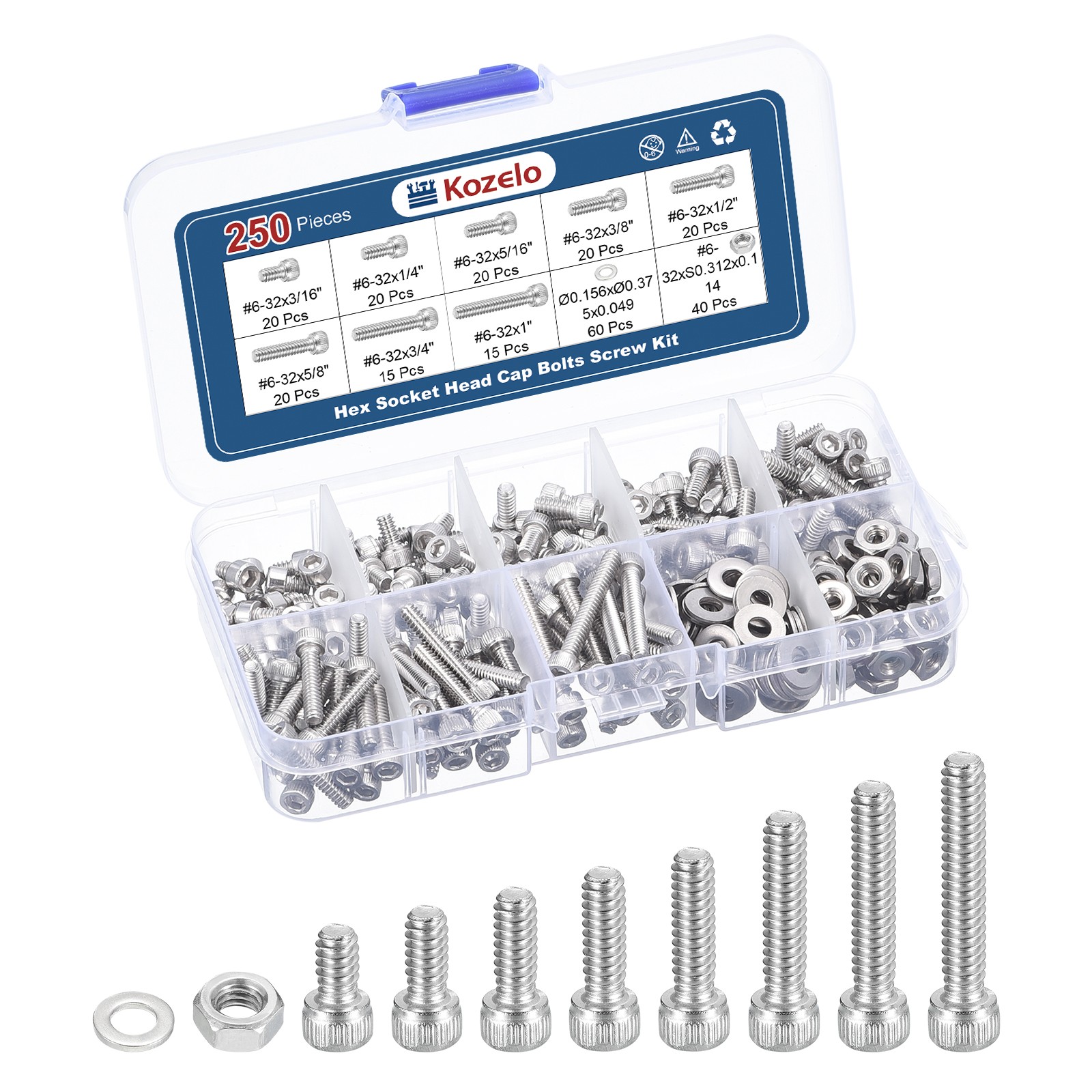250pcs #6-32 Socket Head Cap Screws Bolts Nuts Kit, Stainless Steel