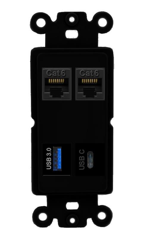 [4 Ports] 2 CAT6 USB-3 USBC Port Rocker Wall Plate Black